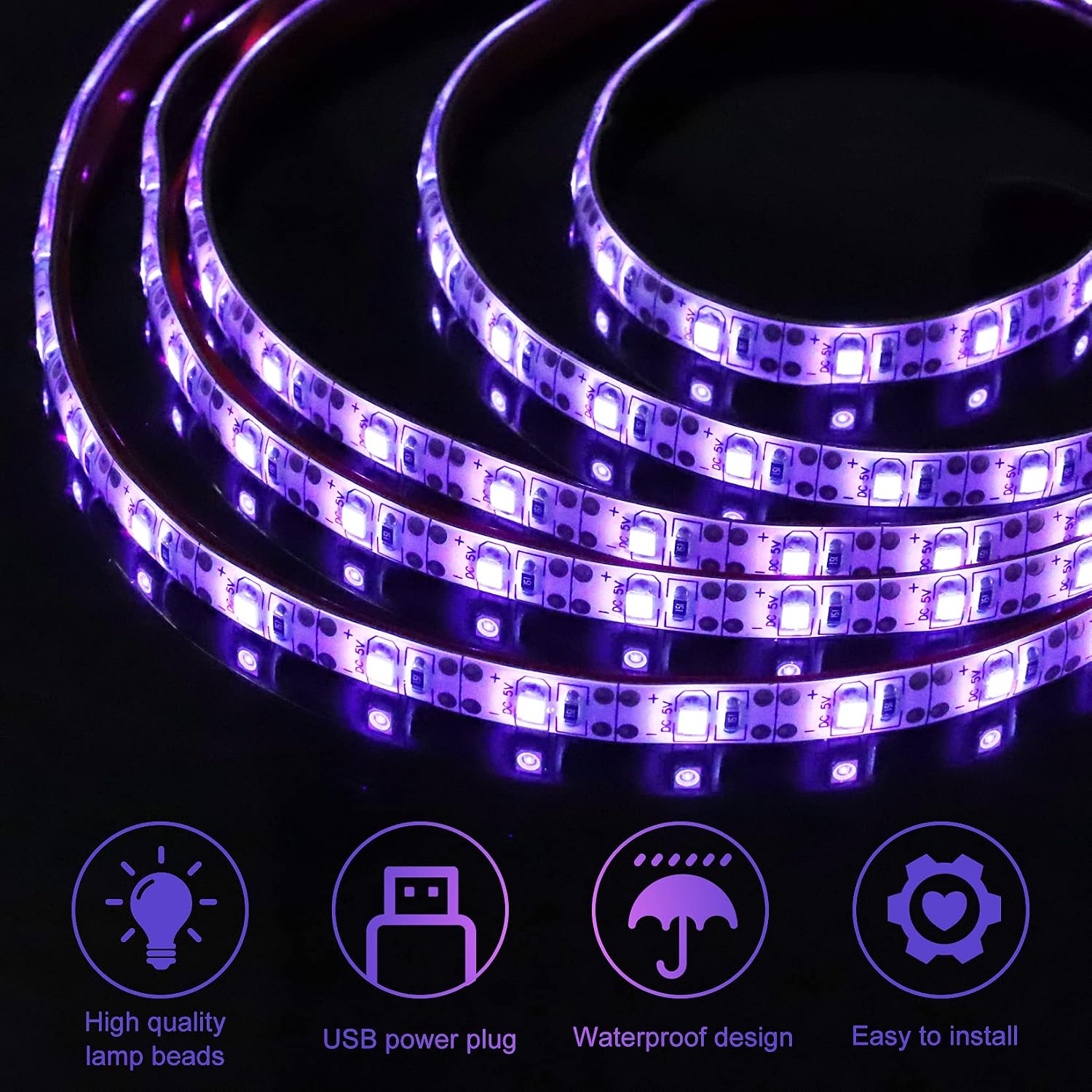 2m USB UV blacklight strip glowing purple against a dark background - 2