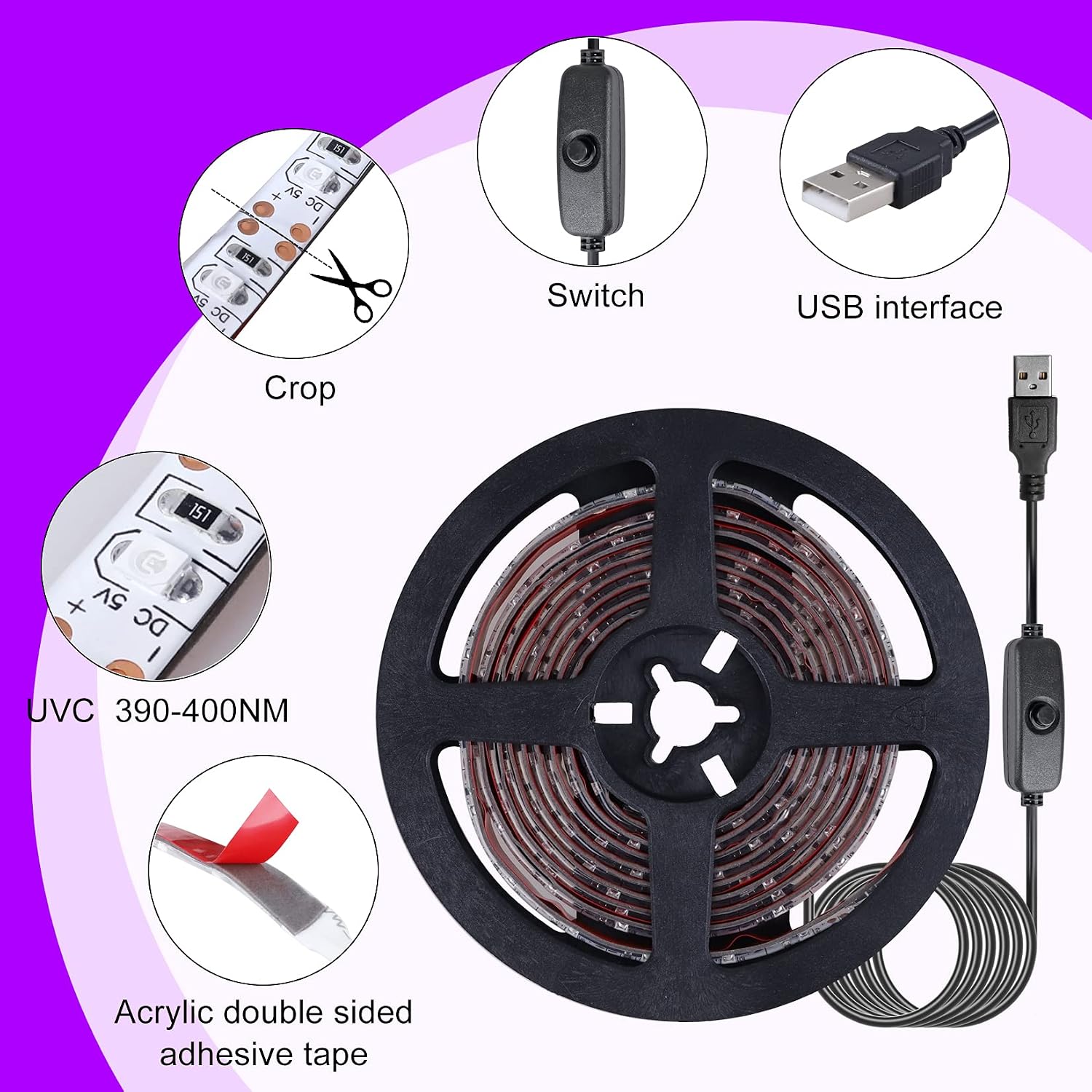 2m USB UV blacklight strip glowing purple against a dark background - 3