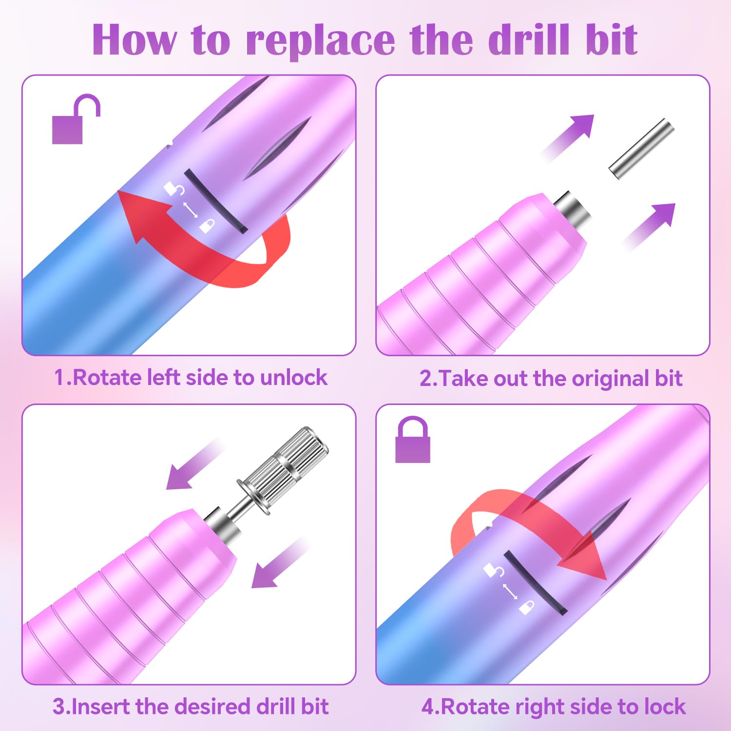 ORFASTAR rechargeable cordless nail drill with textured aluminum handle and 11 gold bits - 4
