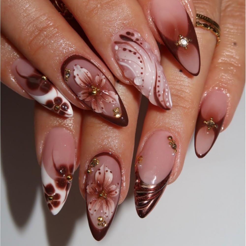 Glossy brown medium almond press on nails with 5D flower charms and rhinestones - 2