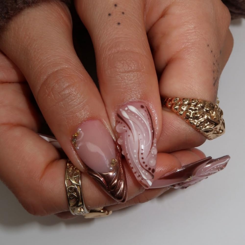 Glossy brown medium almond press on nails with 5D flower charms and rhinestones - 3