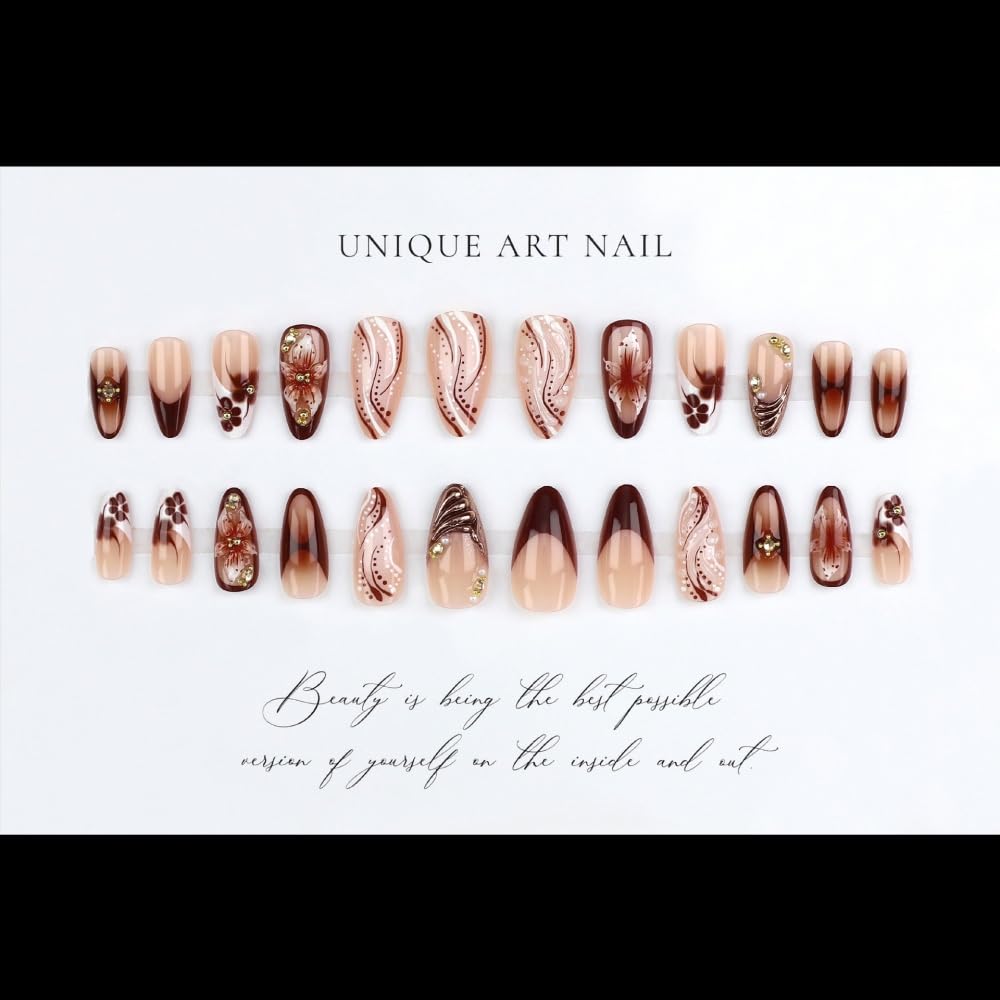 Glossy brown medium almond press on nails with 5D flower charms and rhinestones - 4
